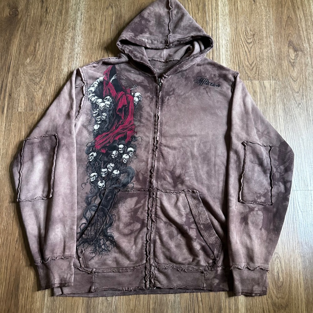 Affliction Hoodie Mens XL Brown Crimson King Gothic Y2K Distressed Full Zip Good